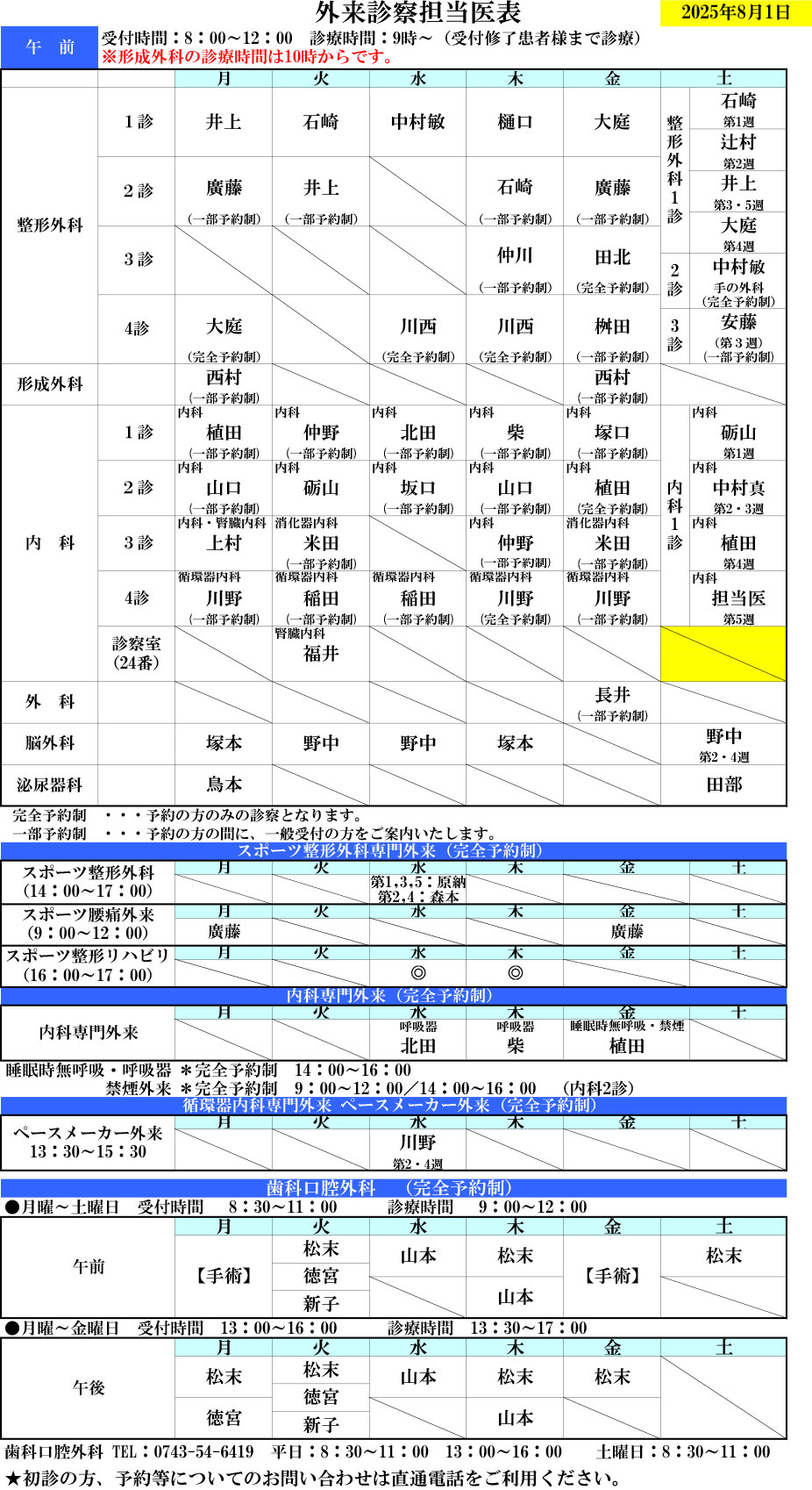 田北病院診療担当のご案内　2025年8月1日より